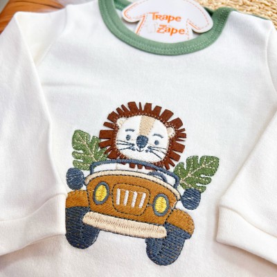  CONJ. DE MALHA 3 PEÇAS - Leãozinho com Jeep - Verde e Off White